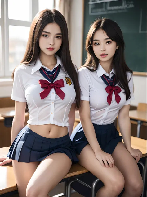 (2 young girls), beautiful girl with beautiful details, RAW photo, (Best quality:1.2), 8K, High details, A high resolution, with the highest quality, High-definition RAW color photo, professional photoshooting, (Fine face:1.2), (Open-chested high school un...