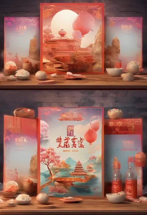 4k，Commercial shooting, Shoot from a retro perspective，during night，Huge Full Moon，A small amount of smoke，The main object is a bottle of coconut milk，A small amount of Cantonese egg yolk mooncakes, Mooncake size, poster for, Fresh style background, , Boot...