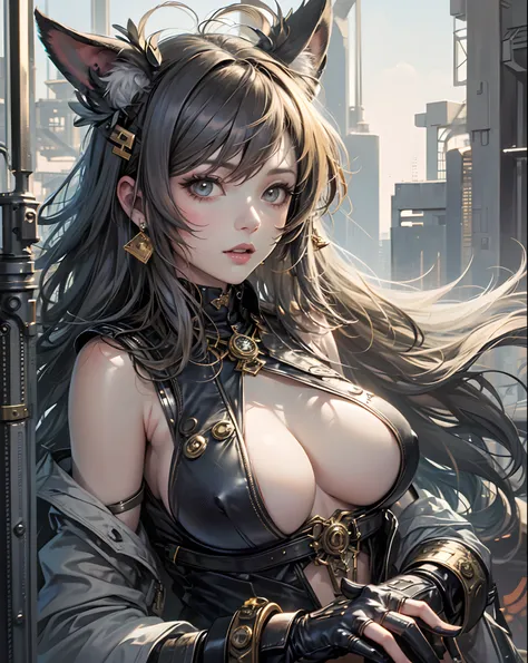 a gorgeous bunny girl, she is Playful and energetic, xLong ears and fluffy tail, in the style of steampunk, artist by Allen Jones, inspired by The Melancholy of Haruhi Suzumiya, volumetric lighting, --auto --s2