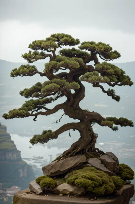 abstract colors, texture, film grain, skin pores:0.2 (tilt shift photography)1.2, intricate dramatic portrait of a beautiful (windblown)1.2 scifi steampunk (medieval fantasy magical bonsai tree)1.2 on top of a rocky mountain overlooking a futuristic (solar...