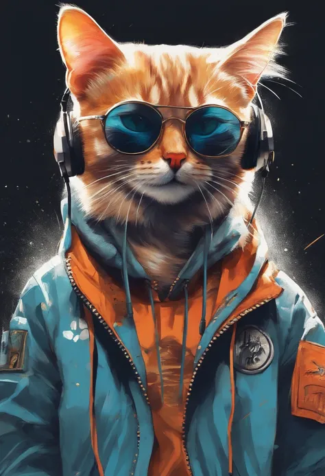 Perfect centering, Cute CAT, Wear a student team jacket, Wearing sunglasses, Wearing headphones, cheerfulness, Standing position, Abstract beauty, Centered, Looking at the camera, Facing the camera, nearing perfection, Dynamic, Highly detailed, smooth, Sha...