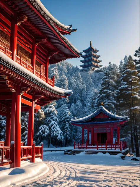 in a panoramic view，China-style，waterface，pines，Temple in the snow，baiyun，blue-sky，Photographic works，Realistic details，A high resolution，