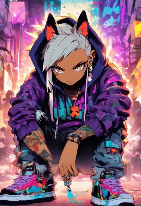 A cool and trendy cat, platinum hair, purple eyes, wearing trendy hip hop clothing, wearing a hoodie, graphic t-shirt and torn jeans, tons of tattoos and piercings, graffiti style background, highly detailed background, perfect masterpiece, high quality, h...