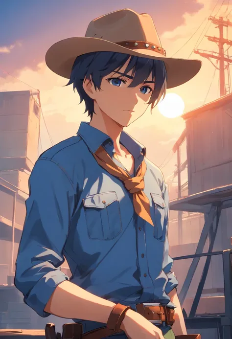 cowboy, rugged, Blue shirt, Hat, Gun belt, Short hair, clean shaven, Crossed arms, Neckerchief