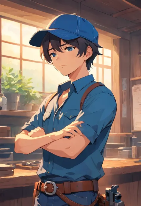 cowboy, rugged, Blue shirt, Hat, Gun belt, Short hair, clean shaven, Crossed arms, Neckerchief