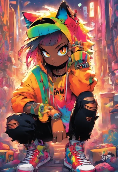 A cool and trendy cat, raunbow colored hair, yellow eyes, wearing trendy hip hop clothing, wearing a hoodie, graphic t-shirt and torn jeans, tons of tattoos and piercings, graffiti style background, highly detailed background, perfect masterpiece, high qua...