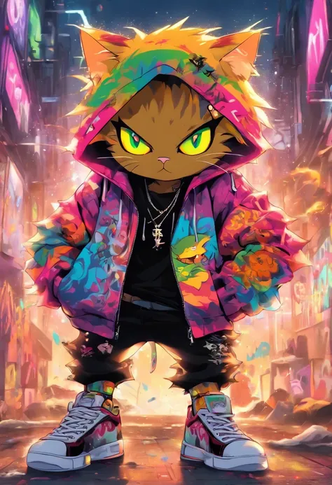 A cool and trendy cat, raunbow colored hair, yellow eyes, wearing trendy hip hop clothing, wearing a hoodie, graphic t-shirt and torn jeans, tons of tattoos and piercings, graffiti style background, highly detailed background, perfect masterpiece, high qua...