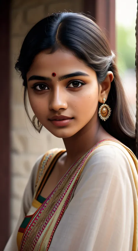 young Indian girl, 18-year-old,  gentle sun lighting on face , village mood , old cloths, silk cloth, cloth is transperent , village girl vibe, intricate facial details, full body picture, cinimatic pose flawless complexion, top-notch 3D rendering, hyper-r...