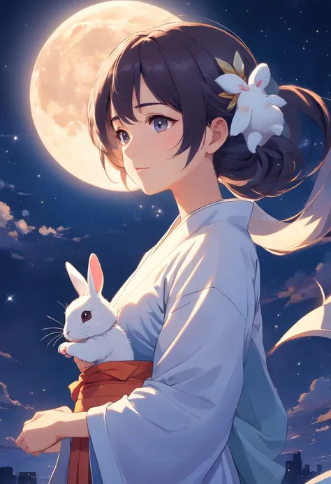 super high image quality，Full moon night，under the starry night sky，Beautiful oriental mature woman，Wearing ancient Chinese white clothes with fairy air，Eyes filled with tears，Melancholy looking back，Holding a cute white jade-like rabbit