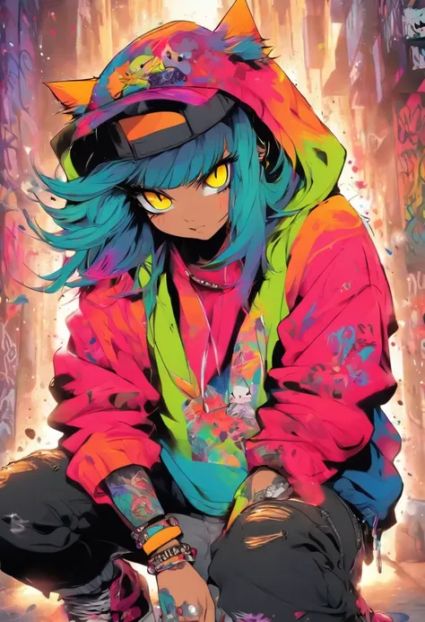 A cool and trendy cat, rainbow colored hair, yellow eyes, wearing trendy hip hop clothing, wearing a hoodie, graphic t-shirt and torn jeans, tons of tattoos and piercings, graffiti style background, highly detailed background, perfect masterpiece, high qua...