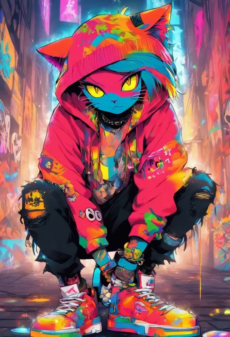 A cool and trendy cat, rainbow colored hair, yellow eyes, wearing trendy hip hop clothing, wearing a hoodie, graphic t-shirt and torn jeans, tons of tattoos and piercings, graffiti style background, highly detailed background, perfect masterpiece, high qua...