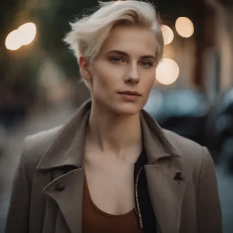 Average blonde boy with medium haircut looking at the camera, delicate androgynous prince, beautiful androgynous prince, androgynous face, an epic non - binary model, Tomboy with short platinum hair, Beautiful androgynous girl, Soft portrait photo 8k