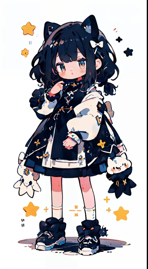 petite girl, white body, black hair with bangs and two small ponytails , Little White Italian Riding Hood, black dress with white sleeves, socks with black bows, one looking forward and the other back;, black shoes with a black star