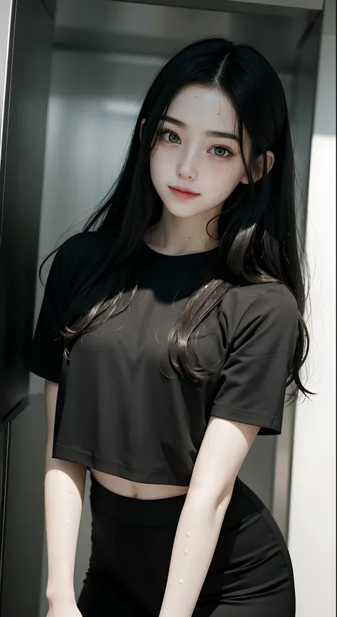 RAW photo, Dynamic Angle, Highly detailed, Soft light, 1girll, ((Sweaty):1.1), Pale skin, Korean, 14 years old, cold smile, Black shirt, Black pants, Long black hair, Bright red eyes, freckle, headtilt, When the elevator, Inside the elevator, 8K, Masterpie...