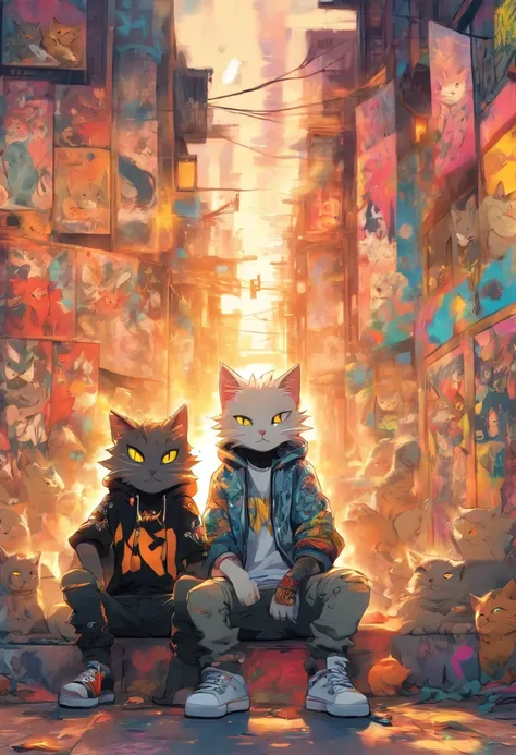 2 cool and trendy cats talking to each other, white hair, yellow eyes, wearing trendy hip hop clothing, wearing a hoodie, graphic t-shirt and torn jeans, tons of tattoos and piercings, graffiti style background, highly detailed background, perfect masterpi...