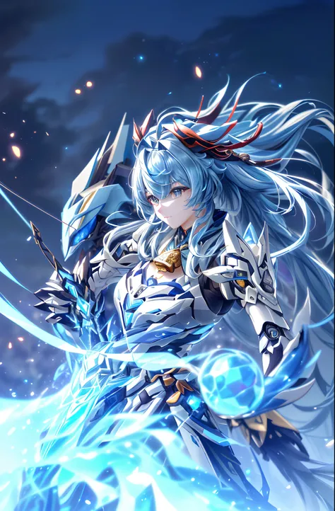 (super wide shot, Close-up of a frontal photo bust,Mecha female warrior close-up，Future warrior style《Mech color: The main color is blue,long whitr hair》，（《Reference: Genshin Ganyu》，"《Bow and arrow in hand》",Emits particle effects，），Keqing from Genshin Imp...