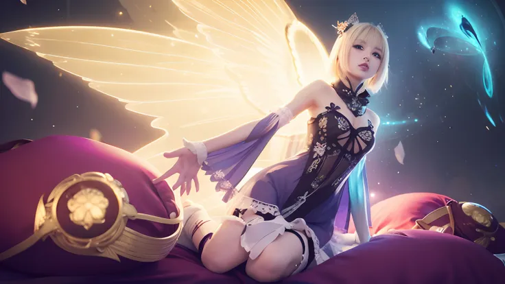 1 girl, short hair, blonde hair, lunox buterfly seraphim,