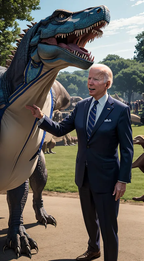 Generate an image of President Joe Biden interacting with a lifelike dinosaur at a prehistoric-themed event."