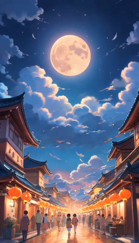 Mid-Autumn Festival, Auspicious clouds, Behind the huge moon, Warm colors, Abstract imagery, ultra-realistic realism, Pixar style, 3d effect, (Disney style:1.2), Clear edge light, rim-light, fantasy, spotlight, 8K