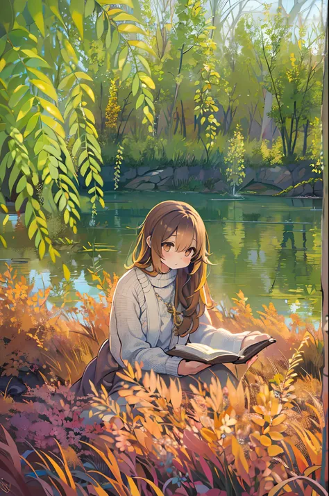 Girl reading a book by the lake, Bright colors, spring, willow branches, where comfort, warm sunlight