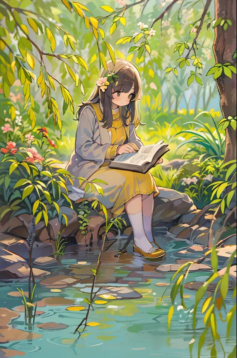 Girl reading a book by the lake, Bright colors, spring, willow branches, where comfort, warm sunlight