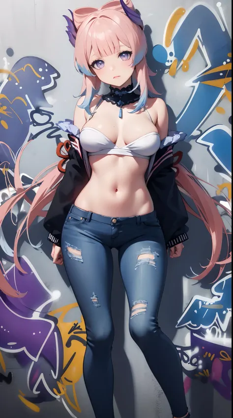 Sankonomiya|Kokomi Genshin Effects, master-piece, bestquality, 1girls,20 age, Double tail hairstyle, proportional body, Long Jeans, oversized breasts, ,bara, (Graffiti:1.5), Splash with purple lightning pattern., arm behind back, against wall, View viewers...