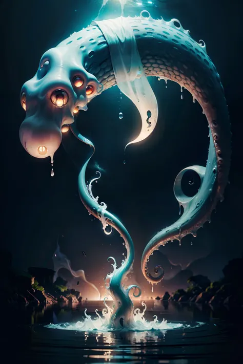 One huge ghostly tentacle emerges from the water