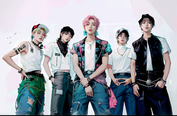 Araped youth group standing side by side, all from the group nct, Regular K-pop boy band, Each one is dressed in the right period clothes,, Bangtan Boys (BTS), k-pop, Gen Z, Portrait of a pink gangster, 2 working days, 2D, k-pop, big bang, U. h. d, Post Gr...