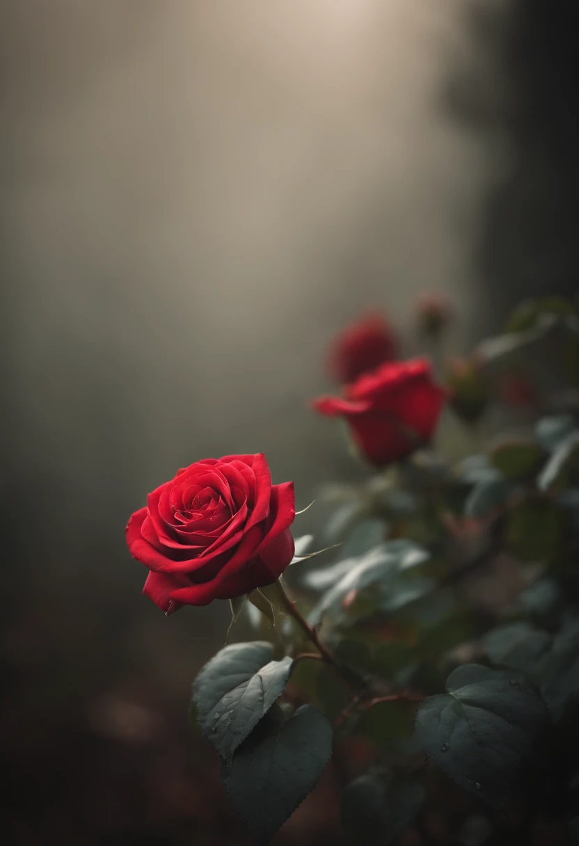 Professional close up of a Red Rose surrounded by fog, water droplets on rose, warm lighting