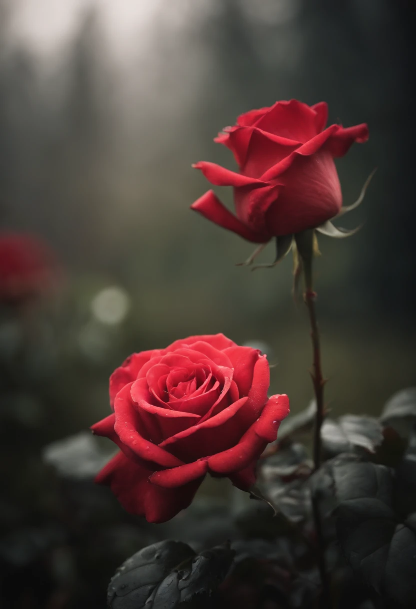 Professional close up of a Red Rose surrounded by fog, water droplets on rose, warm lighting