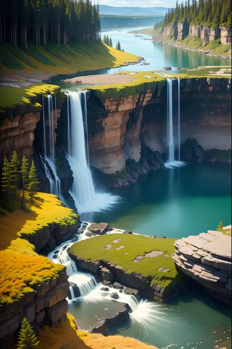 waterfall waterfall canyon shoreline of lake tanaga saskatchewan, in the style of erik johansson, sunrays shine upon it, 32k uhd, serene seascapes, bold lines, bright colors, northern chinas terrain, blue and amber