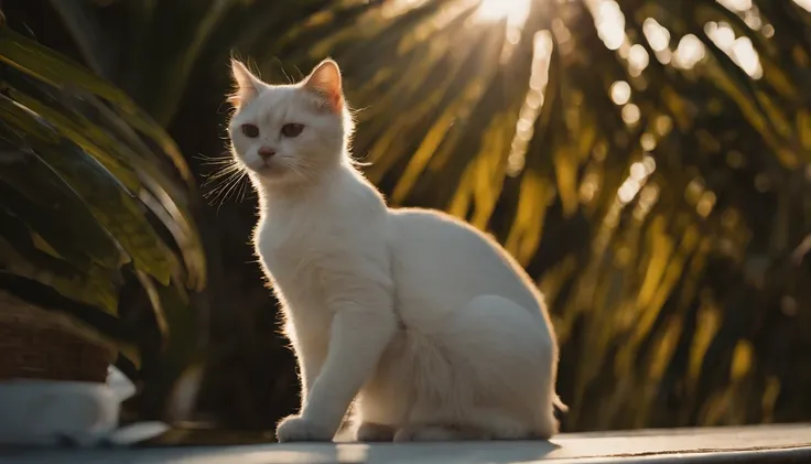 Create a stunning image of a chubby and cute cat sitting gracefully on a rooftop against a backdrop of swaying palm trees. #Cat on the roof #palm tree #Artistic photography, sunset, Thatched cottage. High-quality and contrasting photos, unreal engine 5, Wi...