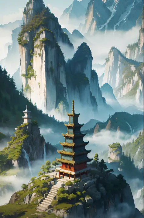 A misty mountain landscape with a daoist temple nestled among the peaks, incorporating a yin yang tai chi symbol into the distant view. (best quality,4k,8k,highres,masterpiece:1.2),ultra-detailed,(realistic,photorealistic,photo-realistic:1.37), HDR, UHD, s...