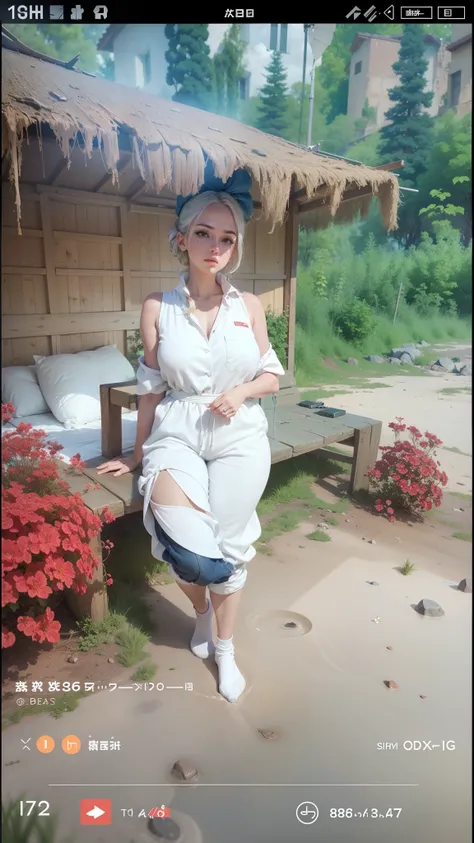 One Giant Breast Girl, High-necked white sleeveless jumpsuit, White cotton socks, The lips are slightly open, Red-faced, sit on a bed, crisp breasts, Convex buttocks, Detailed background, Clothing details, perfectly proportioned, filmgrain, Fuji colors, li...