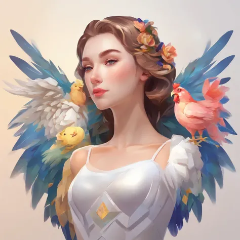 Chickens with heads、((Angel with a chicken head))、Sexy costume、A sexy、Moisturized, glowing skin、bule､Always with angels、Inner peace、safety、Blissful、brilliance、optic、Fantastical、florals､rainbows、kirakira、ssmile、feather、Heaven、celestial realm、medieval times ...