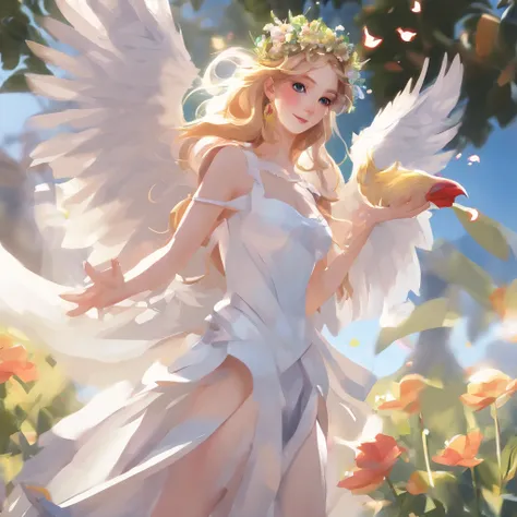 Angel with a chicken head、((Angel with a chicken head))、Sexy costume、A sexy、Moisturized, Glowing skin、bule､Always with angels、Inner peace、safety、Blissful、brilliance、optic、Fantastical、florals､rainbows、kirakira、ssmile、feather、Heaven、celestial realm、medieval ...