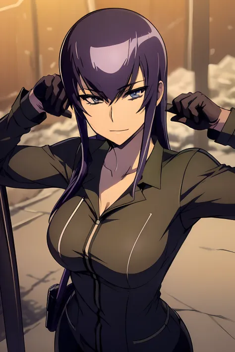 saeko busujima vestida con un uniforme militar negro, general, abrigo negro, saludo de soldado, militar, mirando al espectador, ...