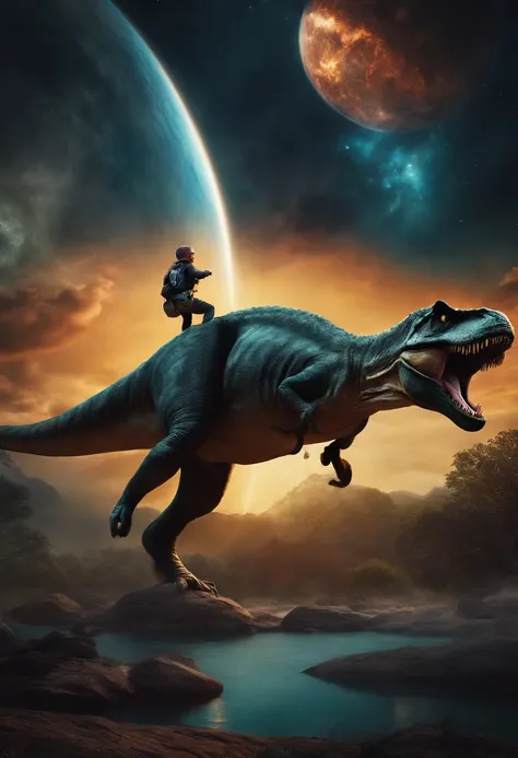 The cat rides on the back of a Tyrannosaurus rex，Offensive stance，There are flying saucers like pizza floating in the sky，The background is the vastness of the universe，a realistic style，ultraclear，photorealestic，