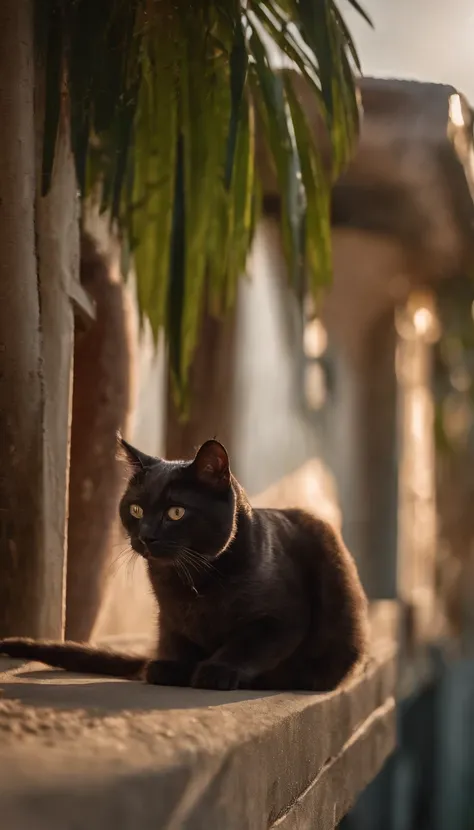 Create a stunning image of a chubby and cute cat sitting gracefully on a rooftop against a backdrop of swaying palm trees. #Cat on the roof #palm tree #Artistic photography, sunset, Thatched cottage. High-quality and contrasting photos, unreal engine 5, Wi...