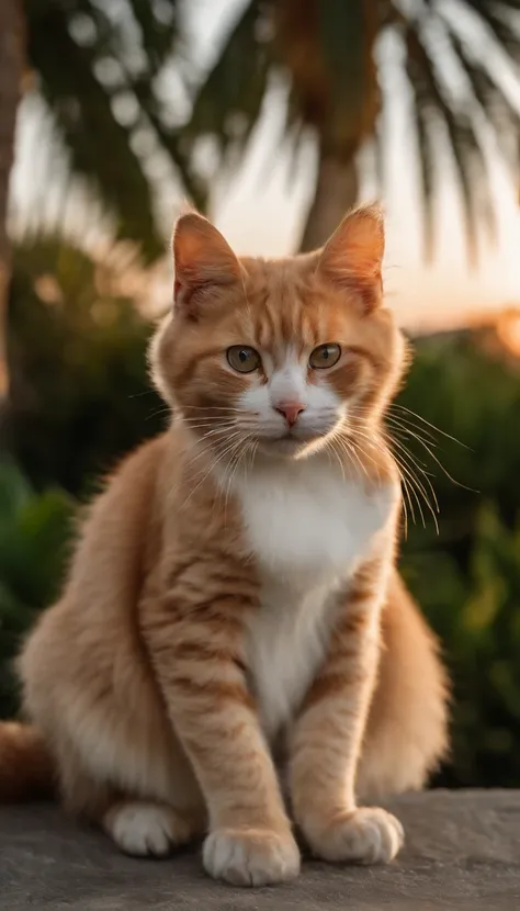 Create a stunning image of a chubby and cute cat sitting gracefully on a rooftop against a backdrop of swaying palm trees. #Cat on the roof #palm tree #Artistic photography, sunset, Thatched cottage. High-quality and contrasting photos, unreal engine 5, Wi...