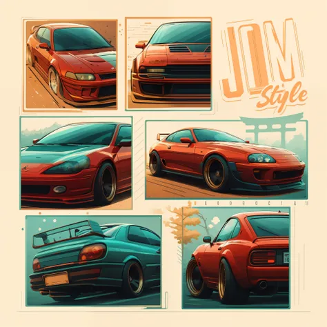 a close up of a car with a number of different colors, jdm, style of jordan grimmer, in style of digital illustration, cartoon style illustration, style of james gurney, cartoonish vector style, sticker design vector art, japanese cartoon style, cartoon ar...