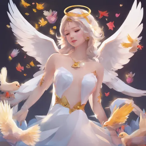 Chickens with heads、((Angel with a chicken head))、Sexy costume、A sexy、Moisturized, Glowing skin、bule､Always with angels、Inner peace、safety、Blissful、brilliance、optic、Fantastical、florals､rainbows、kirakira、ssmile、feather、Heaven、celestial realm、medieval times ...