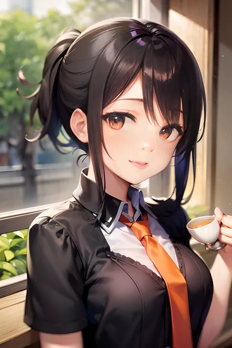 ((Frady dress:1.5)), ((Kyoto Animation Style)), super precision, ​masterpiece, very extremely beautiful, Princess Face, Boyish girl, shorth hair, Straight hair, Dark hair, Short ponytail, Black eyes, Smaller chest, BREAK, ((orange necktie)),　cowboy  shot, ...