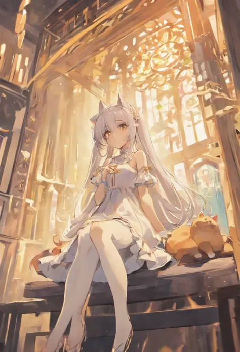 Anime girl sitting on bench，There are cat ears on the head, white dresses!! silber hair, cute anime waifu in a nice dress,, White-haired god, gray-haired girl, Perfect girl with white hair, Güvez on Pisif Art Station, whaite hair, Flowing white hair，black ...