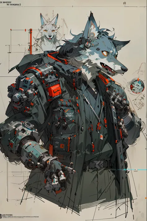 there is a drawing of a wolf in a suit with a gun, an anthropomorphic cyberpunk fox, good boy giant mecha wolf hound, medical mecha canine, detailed cyberpunk illustration, wojtek fus, senior concept artist, cyberpunk character art, cyberpunk themed art, d...