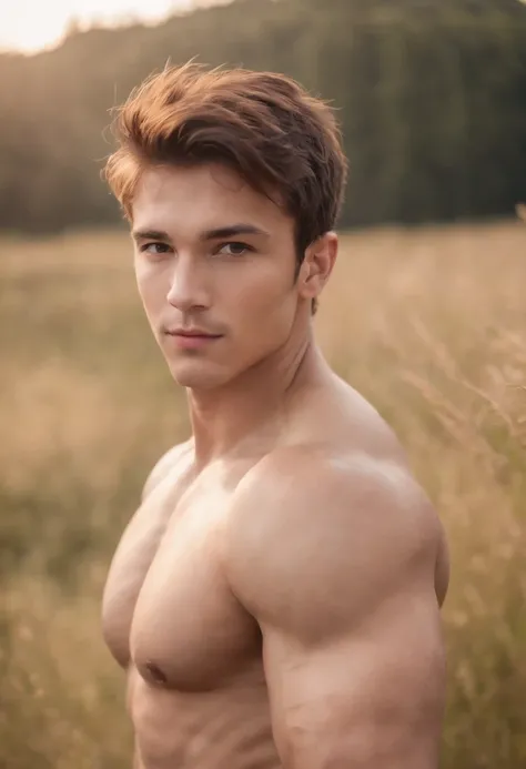 A handsome boy, 25 years old, brown spiky hair, light hazel brown eyes, masculine pose standing in a meadow, mysterious lighting, muscular physique, looking into the camera, upper body close up