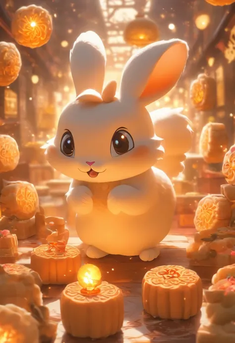 Q version of the rabbit，Cute and cute，Moon cake，laurel，themoon，The light is depicted in detail，orange tint，oc rendered，high qulity，tmasterpiece，Hyper-realistic，Ultra photo realsisim，8K，super-fine，ultra - detailed，Ultra-wide angle of view，dynamic viewing an...