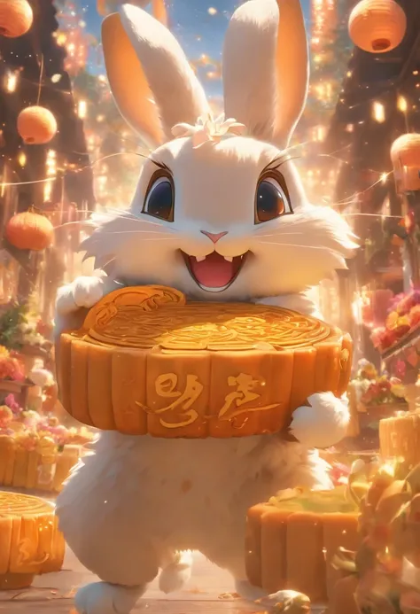 Q version of the rabbit，Cute and cute，Moon cake，laurel，themoon，The light is depicted in detail，orange tint，oc rendered，high qulity，tmasterpiece，Hyper-realistic，Ultra photo realsisim，8K，super-fine，ultra - detailed，Ultra-wide angle of view，dynamic viewing an...