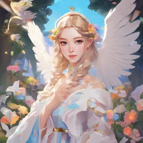 From the neck up are chickens、Angel with a chicken head、((Angel with a chicken head))、Sexy costume、A sexy、Moisturized, Glowing skin、bule､Always with angels、Inner peace、safety、Blissful、brilliance、optic、Fantastical、florals､rainbows、kirakira、ssmile、feather、He...