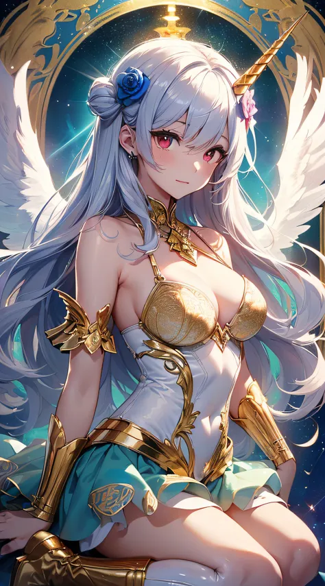 top-quality、Top image quality、​masterpiece、girl with((18year old、bright clothes、White bra、white dres、Gold Skirt、 Best Bust、Bust 90、Long silver hair、Red Eyes、open chest wide、Valley、Happiness、A slender、Angelic face、Aura of Light、Wings of the Universe、Angel B...